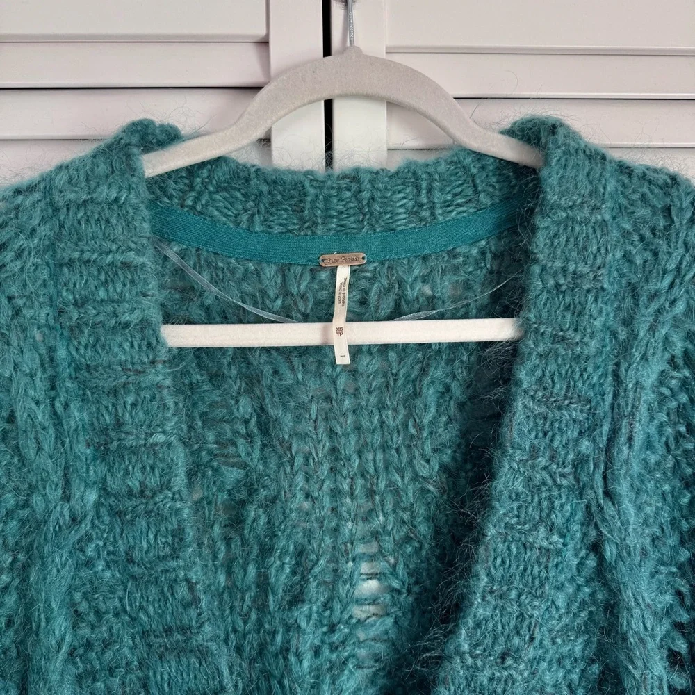Free People Aran Isle Chunky Knit Mohair Cardigan Sweater Teal Blue Size XS